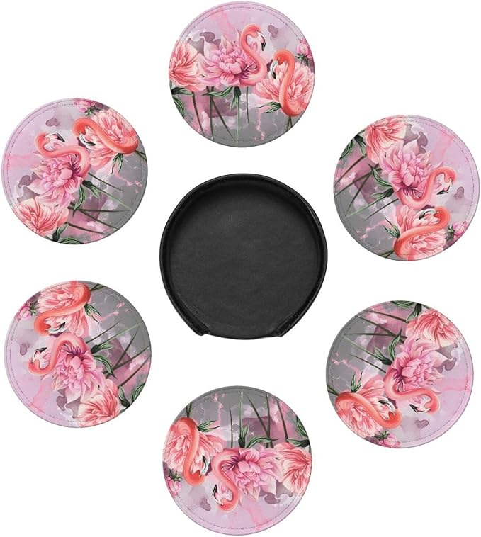 6 Pcs Pink Cute Flamingo Modern Art Boho Leather Coasters - Image 7