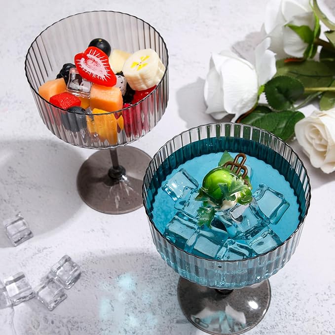 12 Pcs Ribbed Martini Glasses 10 oz Disposable Plastic Vintage Ribbed Coupe Glasses Unbreakable Dessert Parfait Glassware for Wedding Birthday Party Supplies (Black)