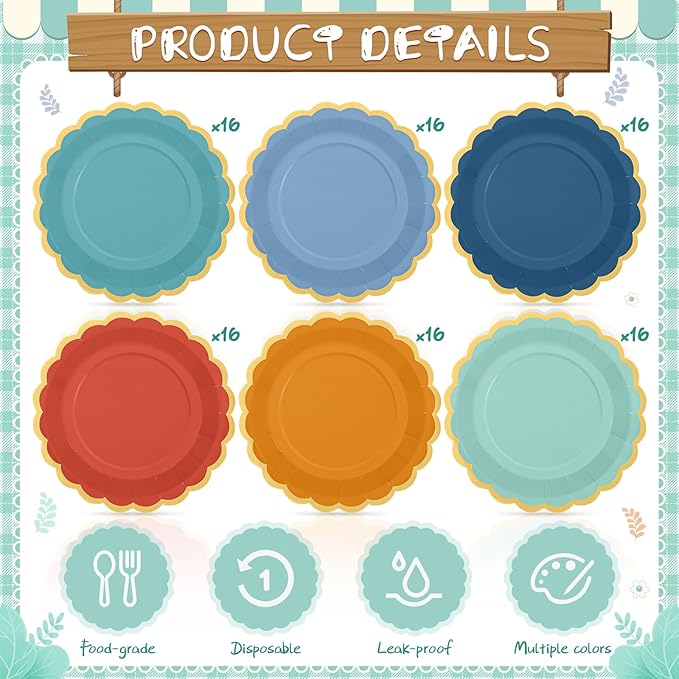 96 Pcs Blue and Orange Fall Paper Plates 9 Inch Gradient Scalloped Paper Plates Disposable Dinner Dessert for Birthday Wedding Bridal Party Supplies, 6 Colors