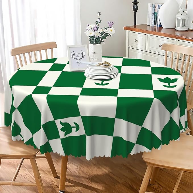 Laeacco 24 Inch Geometric Round Tablecloth Green White Plaid Square Flower Modern Abstract Art Print Table Cloth Washable Waterproof Wrinkle Free Table Cover for Kitchen Dining Picnic Party Decor