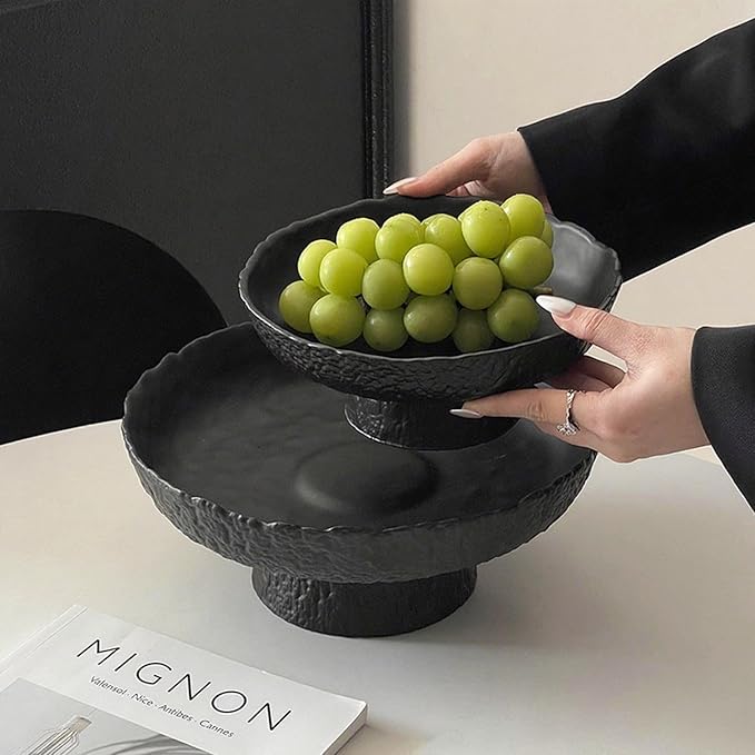 Glass Fruit Bowl for Kitchen Counter, Black Pedestal Bowl, Large Footed Serving Bowl, Decorative Bowls for Centerpiece Home Decor, Modern Fruit Holder (Large 10.4 Inch)