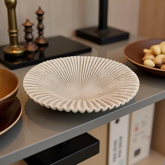 Decorative Bowl decor Tray, Scalloped Pedestal Bowls for Modern Home Decor,Ruffle Decor,Stylish Key Bowl for Entry Table,Decorative Fruit Bowl for Kitchen Counter,Artificial Stone Beige