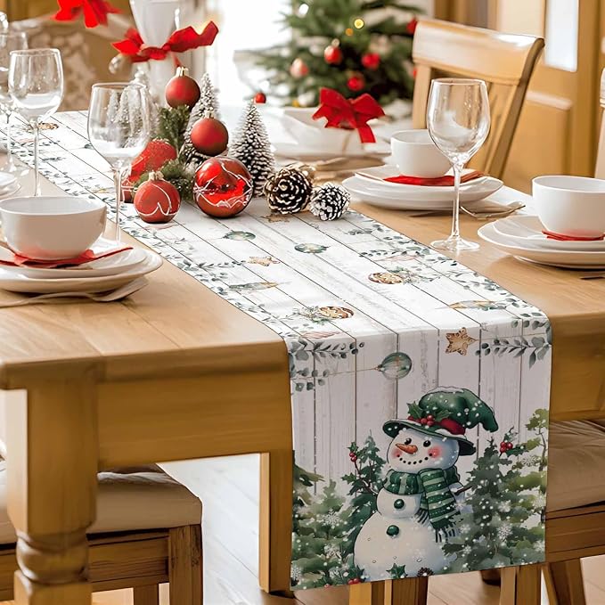Christmas Snowman Table Runner 108 Inches Long, Xmas Trees Eucalyptus Leaves - Image 9