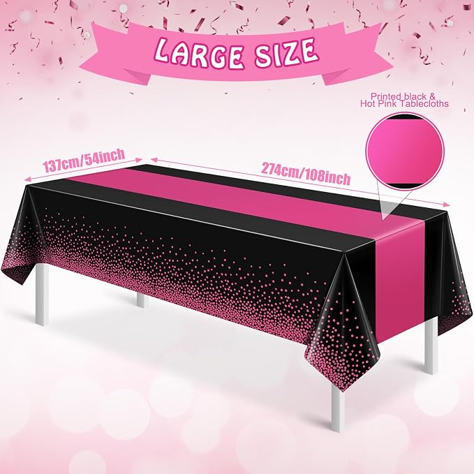 3Pcs Black Hot Pink Tablecloth Party Decorations, Plastic Black Table Cloth - Image 2