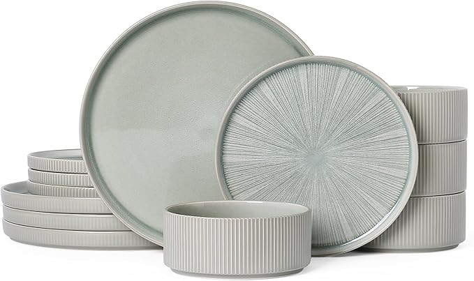 Dinnerware Sets for 4, Ceramic Plates and Bowls Set 12 Piece Dinnerware Chip Resistant Stoneware, Dishwasher and Microwave Safe-Green