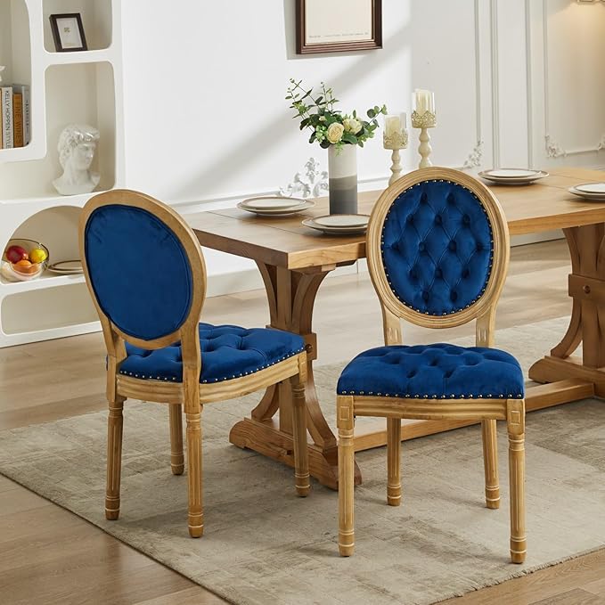 Vintage French Dining Chairs Set of 8, Round Back Velvet Upholstered Accent Chairs with Nailhead Trim and Solid Wood Frame, Elegant Sillas de Comedor for Dining Room & Kitchen, Blue