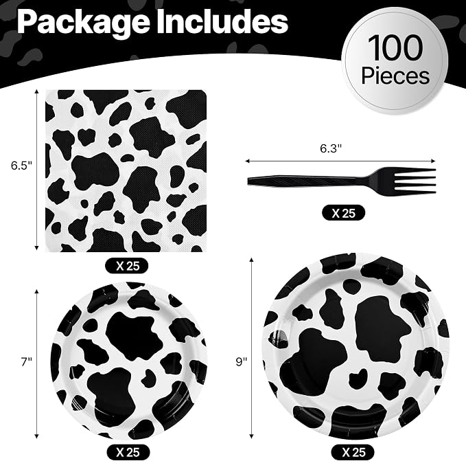 100 Pcs Disposable Black Cow Print Tableware Set - Image 2