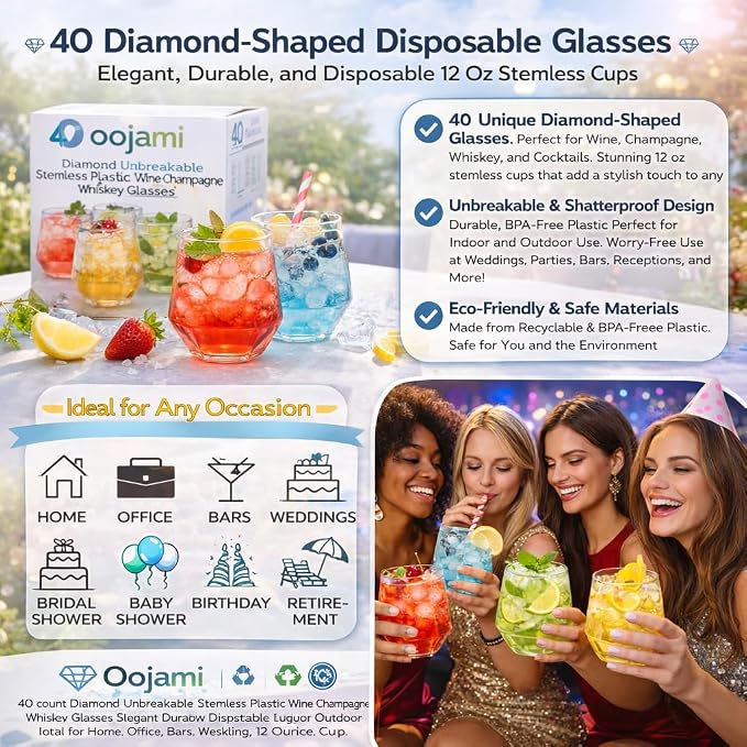Oojami 40 Pack Diamond Disposable Wine Glasses 12 oz Plastic Clear | - Image 2