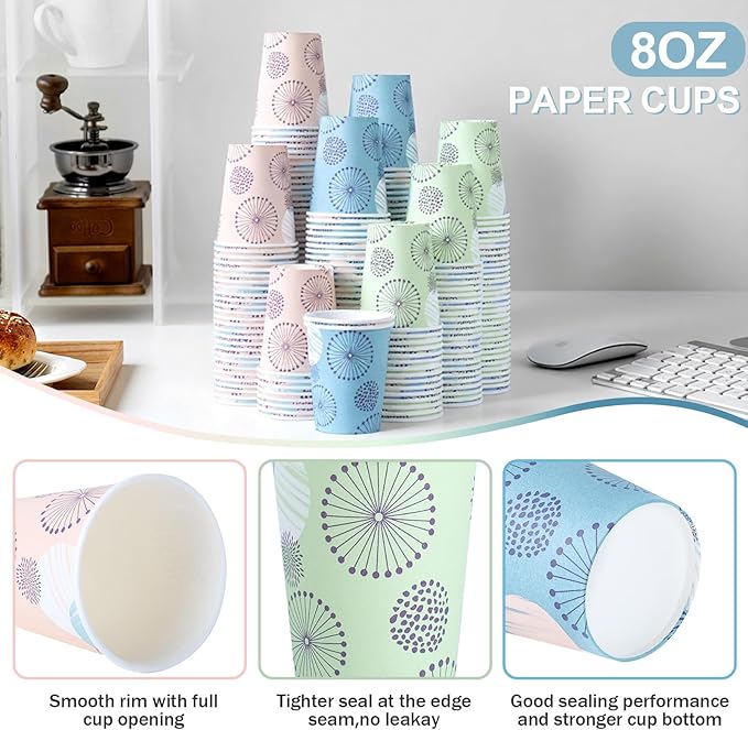 [300 Pack 8 OZ Paper Cups, Disposable Coffee Cups 8 oz Colourful Hot/Cold Beverage Drinking Cups for Office Party Home Picnic