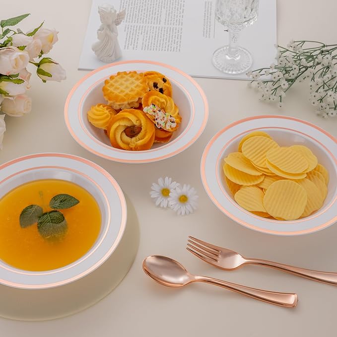 50pc Deep Bowl With White ground And Double Rose Gold Edges, 12oz,Disposable Soup Bowls,Disposable Soup Dessert Salad Bowls for Wedding/Party/Catered Events/Valentine's Day