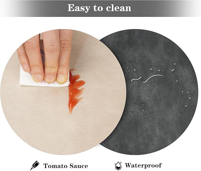 Round Placemats and Coasters Set of 8, Washable Reversible Faux Leather Placemats Cowhide Pattern Place Mats Wipeable Non-Slip 15 inch Round Kitchen Dining Table Mats (Gray Beige, 8)