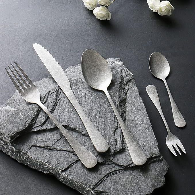 Matte Silverware Set for 14 Stainless Steel Flatware Set Vintage Style Delicate Cutlery Utensils 70 Piece Include Knives Forks and Spoons Tableware Set for Home Kitchen Wedding Restaurant