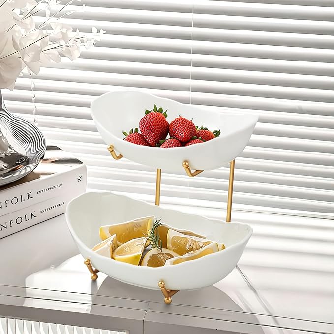 2 Tier Ceramic Fruit Bowl for Kitchen Counter, Tiered Fruit Basket for Countertop, Modern Multi Layer Fruit Display Stand for Party, Cute (Gold&White, Small)