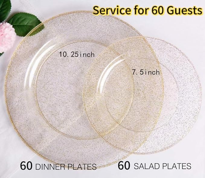 WDF 120PCS Gold Plastic Plates- Disposable Gold Glitter Plates, Premium Heavy Duty 60-10.25" Dinner Plate and 60-7.5" Salad Plate for Parties Wedding Birthday Valentine's Day