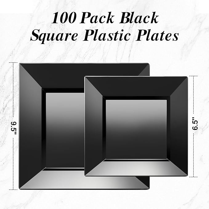 Goodluck 100 Black Pack Disposable Square Plastic Plates, Heavy Duty 50 Dinner Plates 9.5" and 50 Dessert Plates 6.5", Fancy Disposable Plates for Wedding, Holiday Party, Birthday, Halloween