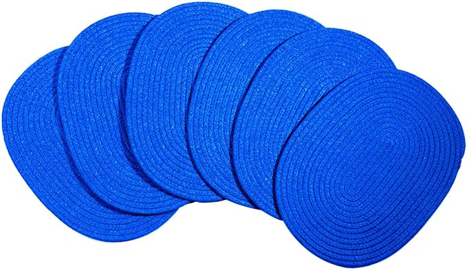 Oval Woven Placemats Set of 6 Blue Plate Chargers, Heat Resistant Non-Slip Cotton Weave Place Mats Farmhouse Straw Braided Rattan Tablemats, Wicker Placemats for Dining Table Decoration