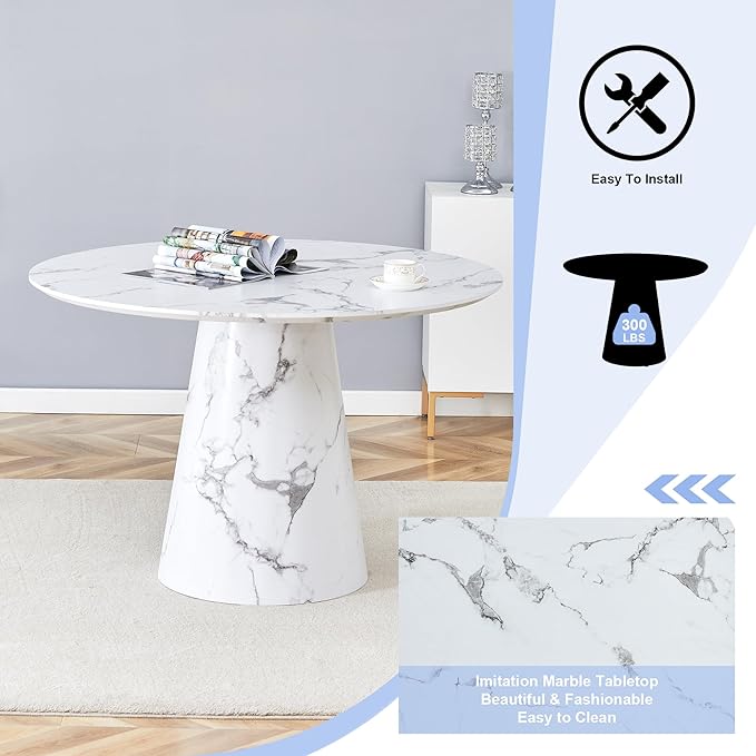 Round Dining Table Set for 4, 45" Modern Faux Marble Kitchen Table and Upholstered Chairs, 5 Piece Small Circle Dinette Set for Dining Room, Kitchen (White)