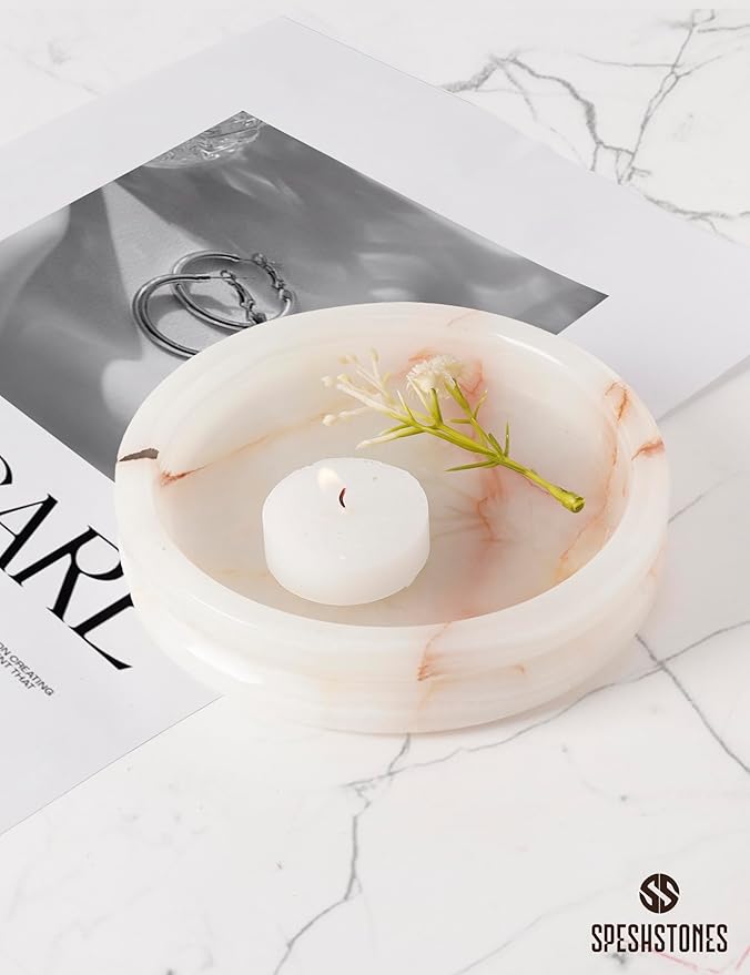 Marble Jewelry Dish for Women 5 Inch Handmade White Onyx Stone Holder for Ring & Necklace - Decorative Trinket Tray, Key Bowl & Candle Plate for Vanity Decor Accessories & Gifts
