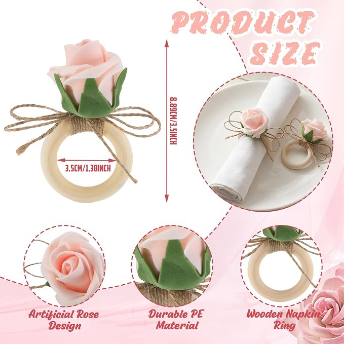 Flower Napkin Rings Set of 12 Wooden Pink Rose Handmade Napkin Holders - Image 2