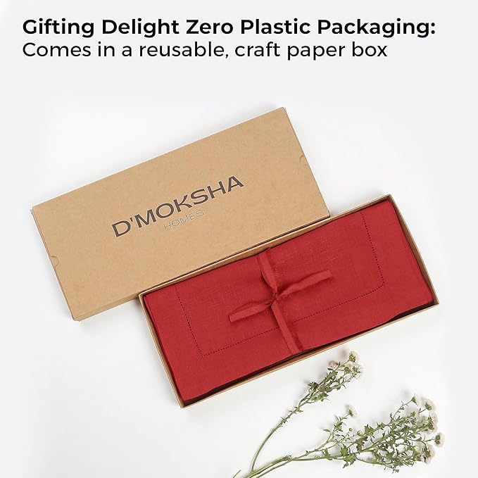 D'Moksha Homes Linen Bright Red Table Runner 48 Inches - Classic Hemstitch, 100% Pure Linen Coffee Table Runner 14 x 48 Inch Ideal for Dresser Tables, Valentines, Spring, Easter