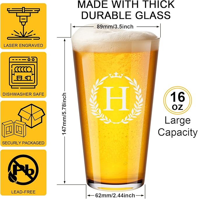 Personalized Beer Glasses Gifts for Men, 16 oz Pint Glasses Monogrammed A-Z Drinking Glass Cups Customized Gift, Unique Christmas Anniversary Birthday Gifts for Men Him Dad Brother Husband Grandpa (H)