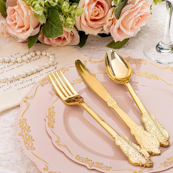 DaYammi 150Pcs Pink Plastic Plates with Gold Rimmed & Gold Silverware,Pink Disposable Plates for Party Include 30 Dinner Plate,30 Dessert Plate,30 Knives,30 Forks,30 Spoons for Valentine's Day Party