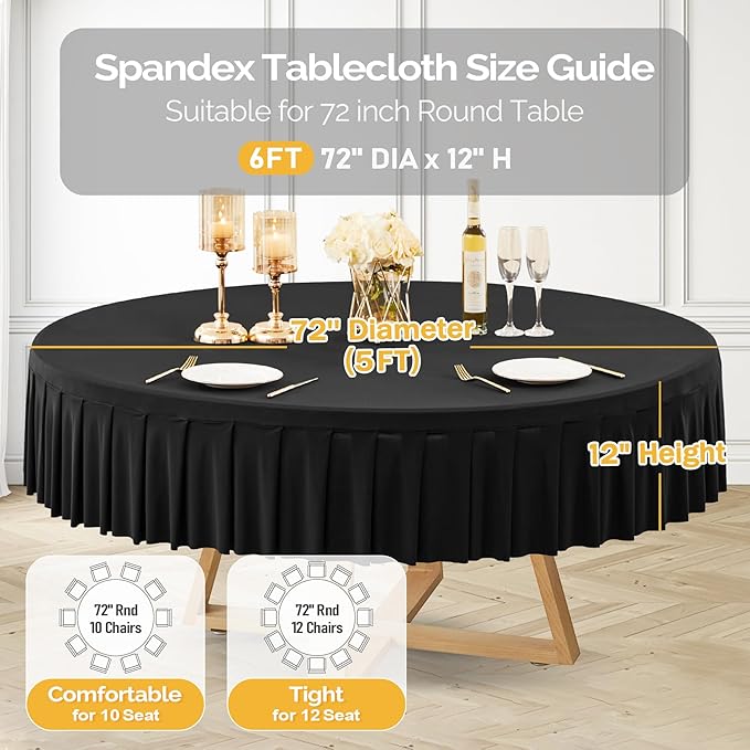 Wish Care 4 Pack Black Spandex Round Tablecloths, 72in, Wrinkle Free, Stretchy Fitted, 6FT Round Table Cloths with Skirt for Wedding, Birthday Party, Banquet