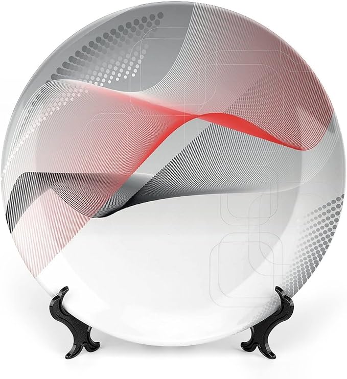 Ceramic Display Plate, Abstract Ceramic Hanging Decorative Plate, Modern Geometric Squares Dots Curves Waves, 8 Inch, Household Custom Ceramic Plate, Red Grey Black