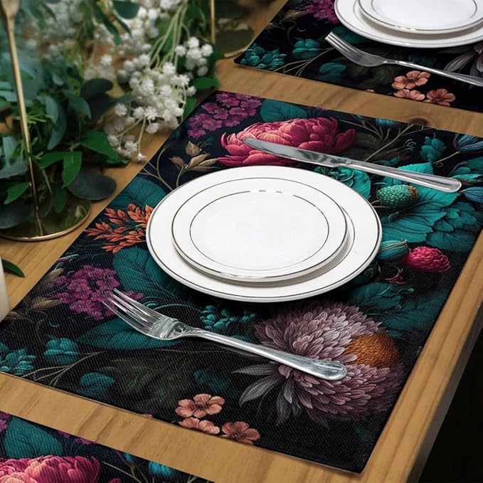 12"x18" Dark Black Pink Purple Red Peony Floral Placemats Set of 4 Washable Thick Place Mats Kitchen Table Mats Decorative Linen Fabric Table Mat for Dining Table Kitchen Home Decor