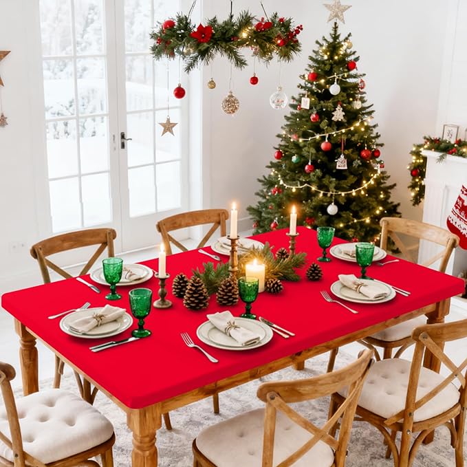 Smiry Rectangle Tablecloth, Elastic Fitted Flannel Backed Vinyl Tablecloths for 6ft Folding Tables, Waterproof Wipeable Table Covers for Indoor, Outdoor, Picnic and Camping (Red, 36"x72")