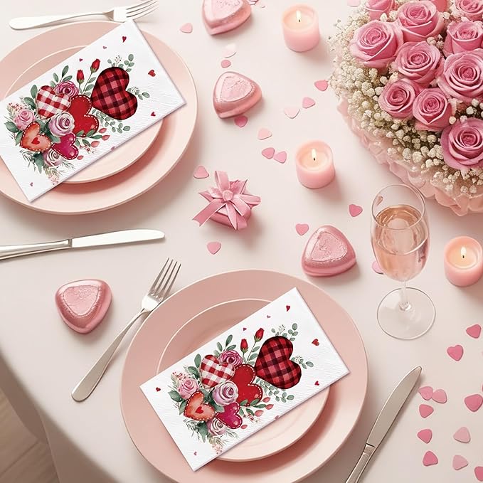 Valentine' s Day Paper Napkins - 100 Pcs Red Checkered Heart Rose Decorative Napkin Sets Disposable, Gingham Dinner Guest Party Decorations Supplies for Holiday Engagement Wedding 7.9 x 4.3 In