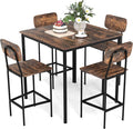 COSTWAY Dining Table Set for 4, 5-Piece Square Kitchen Nook Dinette Set with 4 Bar Stools with Footrest, Backrest, Space-Saving Design, Industrial Kitchen Table and Chairs for Apartment, Coffee