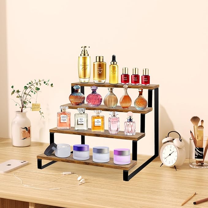 ELITEROO Wood Display Stand, 4 Tier Perfume Stand Organizer, Display Riser for Food, Tiered Cupcake Stand Risers, Table Display Shelf for Vendors Event, Candles, Tumblers, Soaps