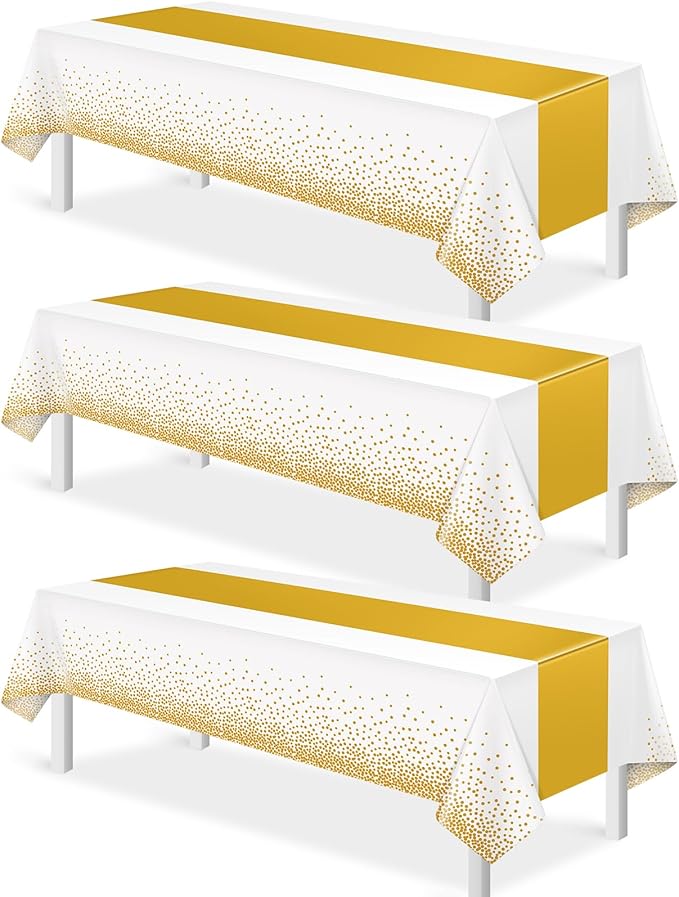 3Pcs White and Gold Tablecloth Party Decorations, Plastic White Table Cloth by MASHAN