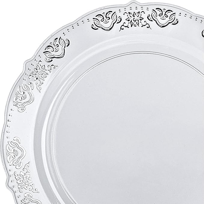 " OCCASIONS " 240 Plates Pack,(120 Guests) Vintage Wedding Party Disposable Plastic Plates Set-120x10.25'' Dinner +120x7.5'' Salad/Dessert Plate (Portofino Clear & Silver)