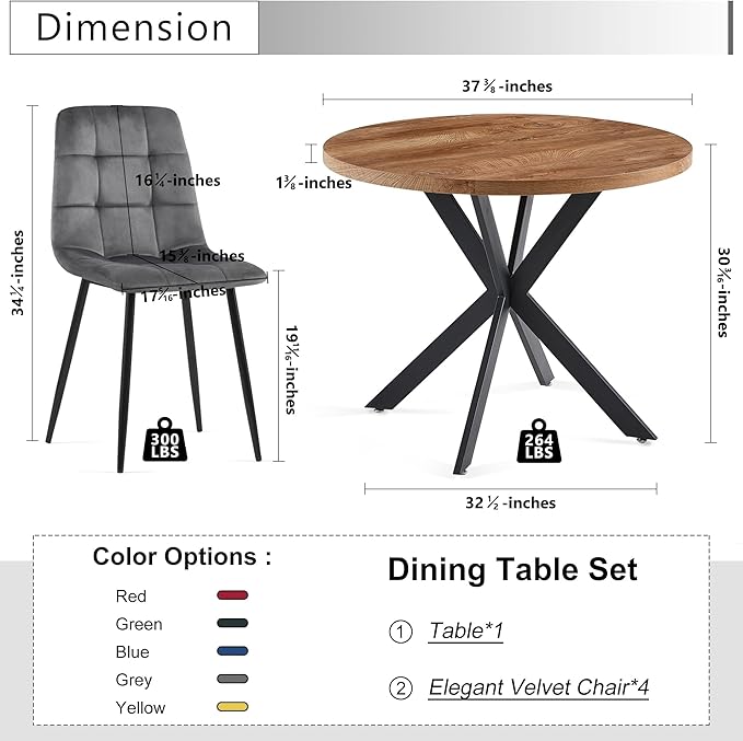 5-Piece Round Dining Table Set - Kitchen Table Chairs Set of 4 with Grey Velvet Upholstered Chairs -Dining Table Set for 4