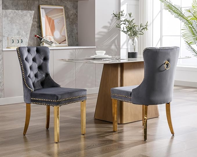 KCC Velvet Dining Chairs Set of 4, Upholstered High-end Tufted Dining Chair with Nailhead Back Ring Pull Trim Stainless Steel Legs, Contemporary Nikki Collection Modern Style for Kitchen, Dark Gray