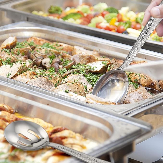 E-far Hammered Serving Spoons, 4-Piece Stainless Steel Serving Utensils Set Includes Slotted & Solid Spoons, Metal Hostess Tablespoons for Catering Buffet Party Kitchen Restaurant