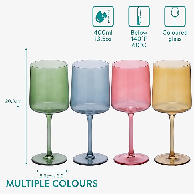 Navaris Multi-Colour Tinted Wine Glasses - Set of 4 - Coloured Wine Glasses with Stems - Stylish Design Glassware for Serving Wine, Cocktails, Dessert