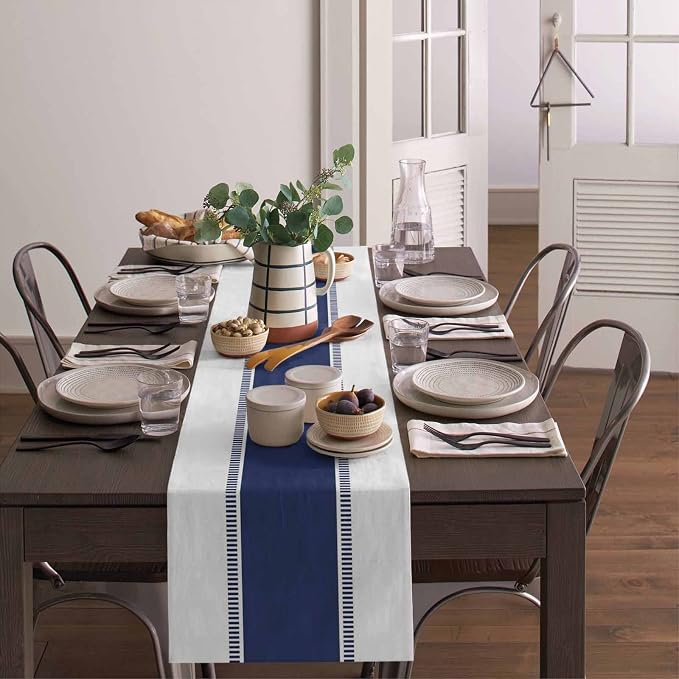 Navy Blue Stripes Table Runners 120 inches Long Farmhouse Table Runner Dresser - Image 4