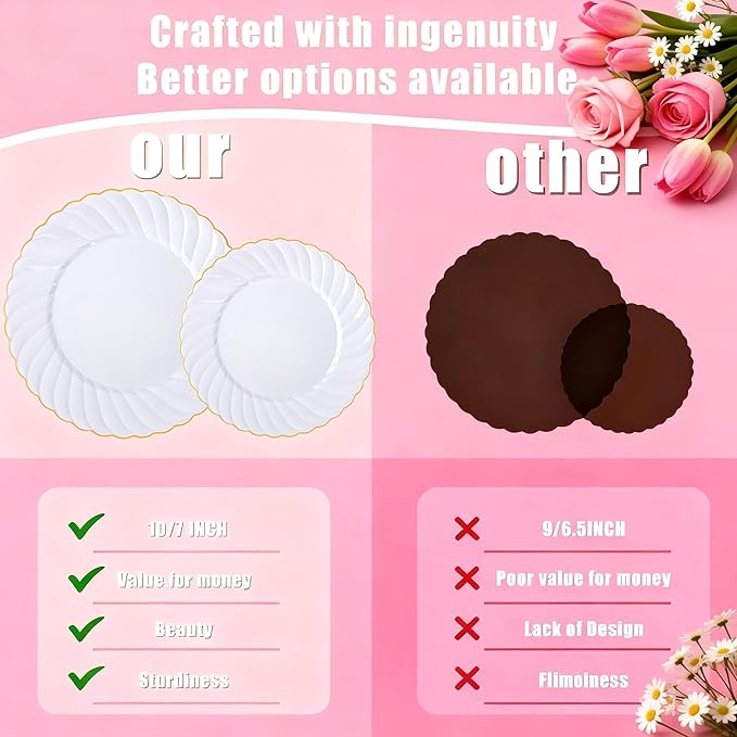 U-QE 60 Pcs White Plastic Plates with Gold Rim – Fancy Scalloped Plates Disposable - Premium Hard Plastic Plates Include 30 10" Dinner & 30 7" Dessert Plate for Party & Valentines Day
