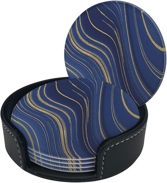6 Pcs Abstract Geometric Navy Blue Marble Gold Stripes Leather Coasters - Image 3