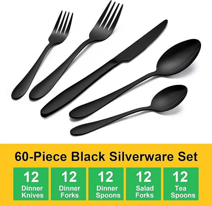 LIANYU 60-Piece Black Silverware Set, Flatware Cutlery Set - Image 2