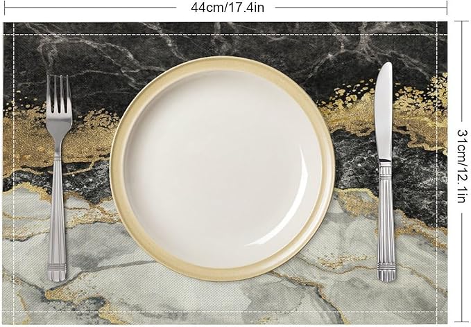 Marble Linen Place Mats Set of 2, 12x17 Inch Modern Luxury Texture Black Grey Gold Marble Washable Fabric Non-Slip Placemats for Home Dining Table Banquets Party Kitchen Decoration