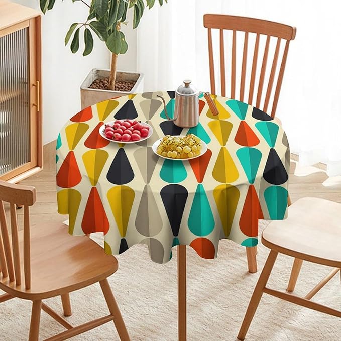 Vintage Bohemian Mid Century Round Tablecloth, Retro 50s 60s Geometric Pattern Print Tablecloth for Home Party Dining Room Kitchen Decor 60Inch(152cm)