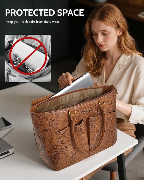 Laptop Tote Bag for Women, Leather Work Tote - Image 4