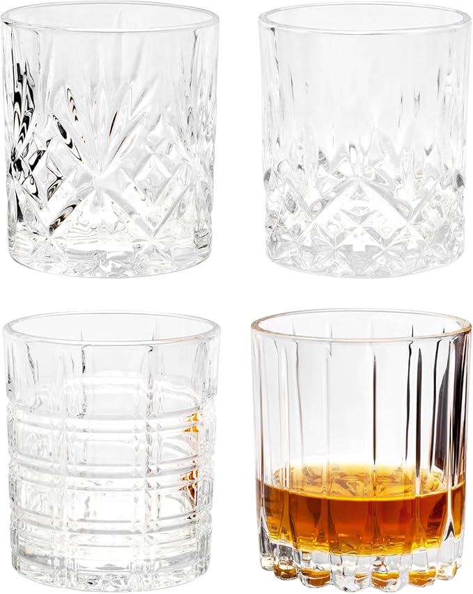 KANARS Whiskey Glasses Set of 4 - Multi Style Crystal Liquor Glasses 10 oz - Rocks Glass Barware For Scotch, Bourbon, Rum and Cocktail, Whisky Gifts for Men Dad Brother Adult