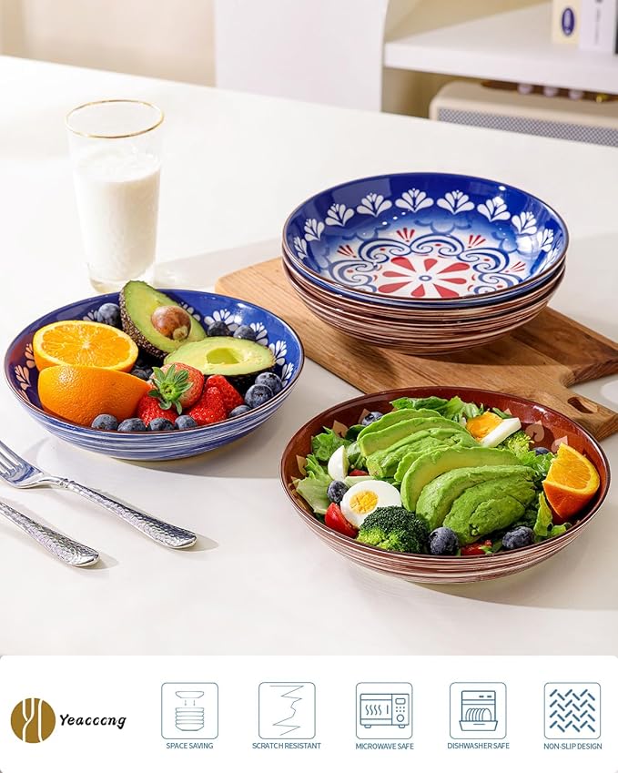 Yeacccng Pasta Bowls Set of 6, 35 Oz Ceramic Large Salad Bowl, 8.5 Inch Colorful Serving Bowls for Kitchen, Dishwasher & Microwave Safe, Scratch-Resistant, Lead-Free (Blue*6)