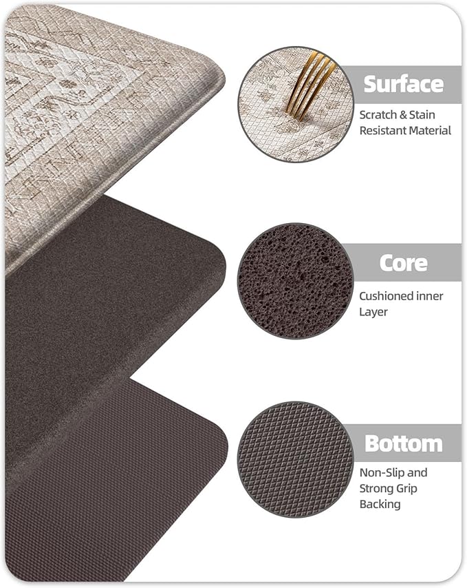 Color&Geometry Kitchen Floor Mats Anti Fatigue, Cushioned Boho Rugs,Waterproof Non Slip Kitchen Runner for Sink, Standing Mats for Office,24"x87",Beige