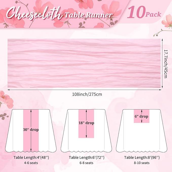 Pesonlook Cheesecloth Table Runner Light Pink, 10 Pack 17.7x108 inch, Long | - Image 2